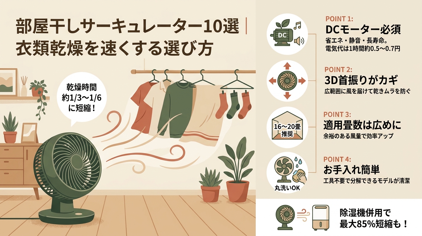 部屋干しサーキュレーター10選｜衣類乾燥を速くする選び方 アイキャッチ（PC用）