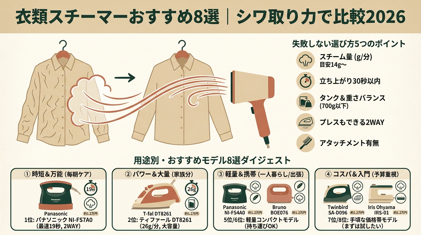 衣類スチーマーおすすめ8選｜シワ取り力で比較2026 アイキャッチ（PC用）