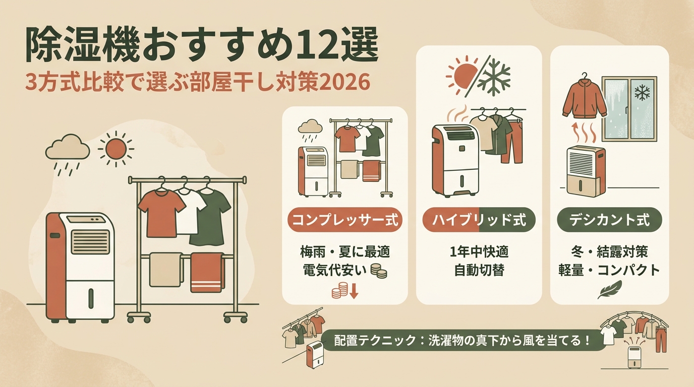 除湿機おすすめ12選｜3方式比較で選ぶ部屋干し対策2026 アイキャッチ（PC用）