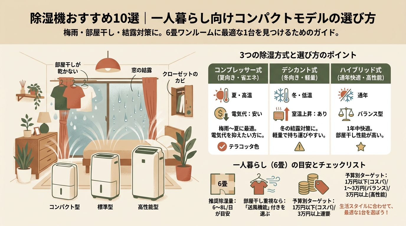 除湿機おすすめ10選｜一人暮らし向けコンパクトモデルの選び方 アイキャッチ（PC用）