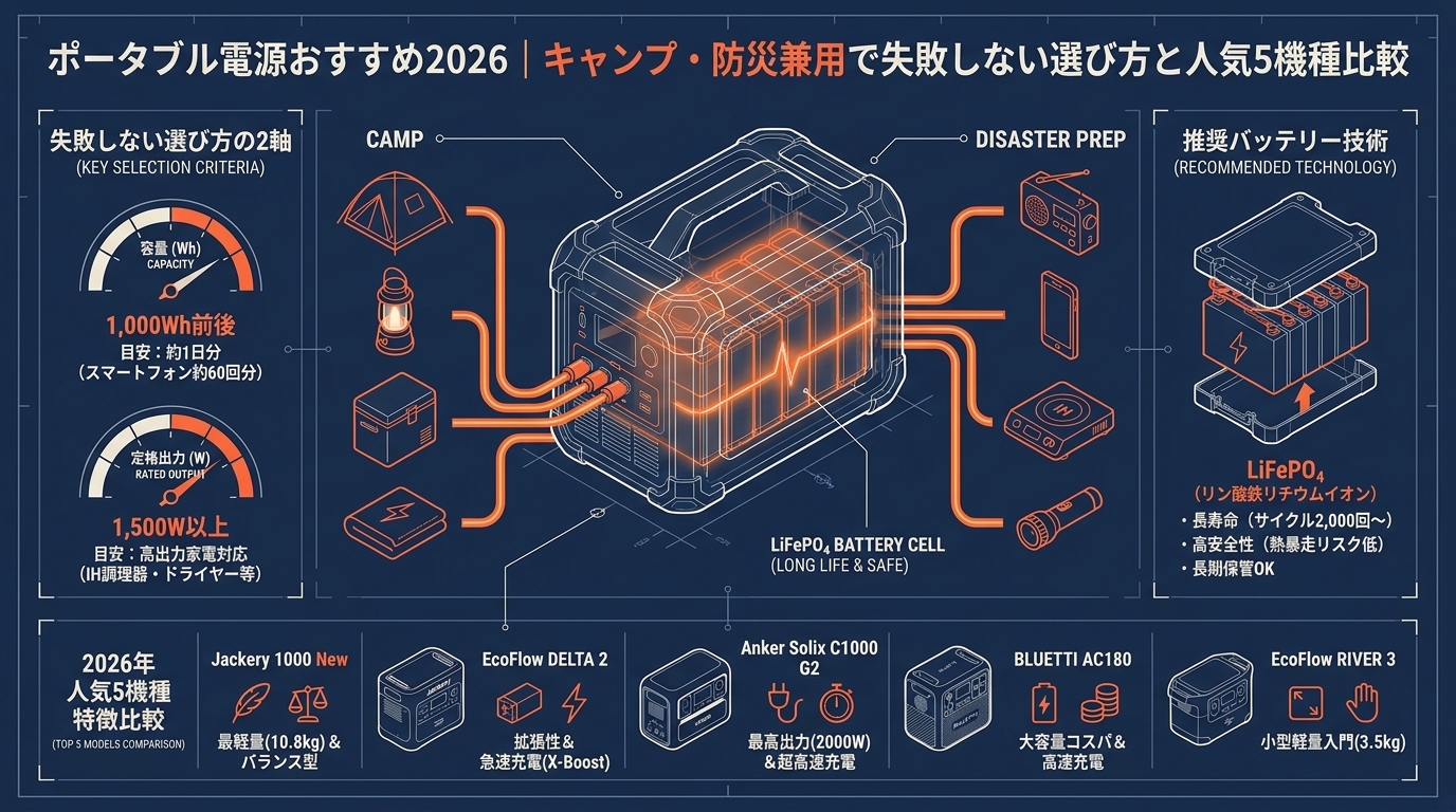 ポータブル電源おすすめ2026｜キャンプ・防災兼用で失敗しない選び方と人気5機種比較 アイキャッチ（PC用）