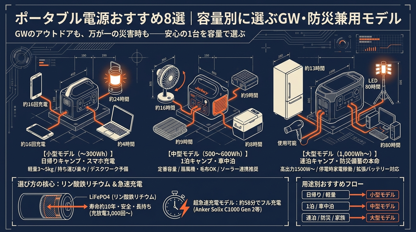 ポータブル電源おすすめ8選｜容量別に選ぶGW・防災兼用モデル アイキャッチ（PC用）