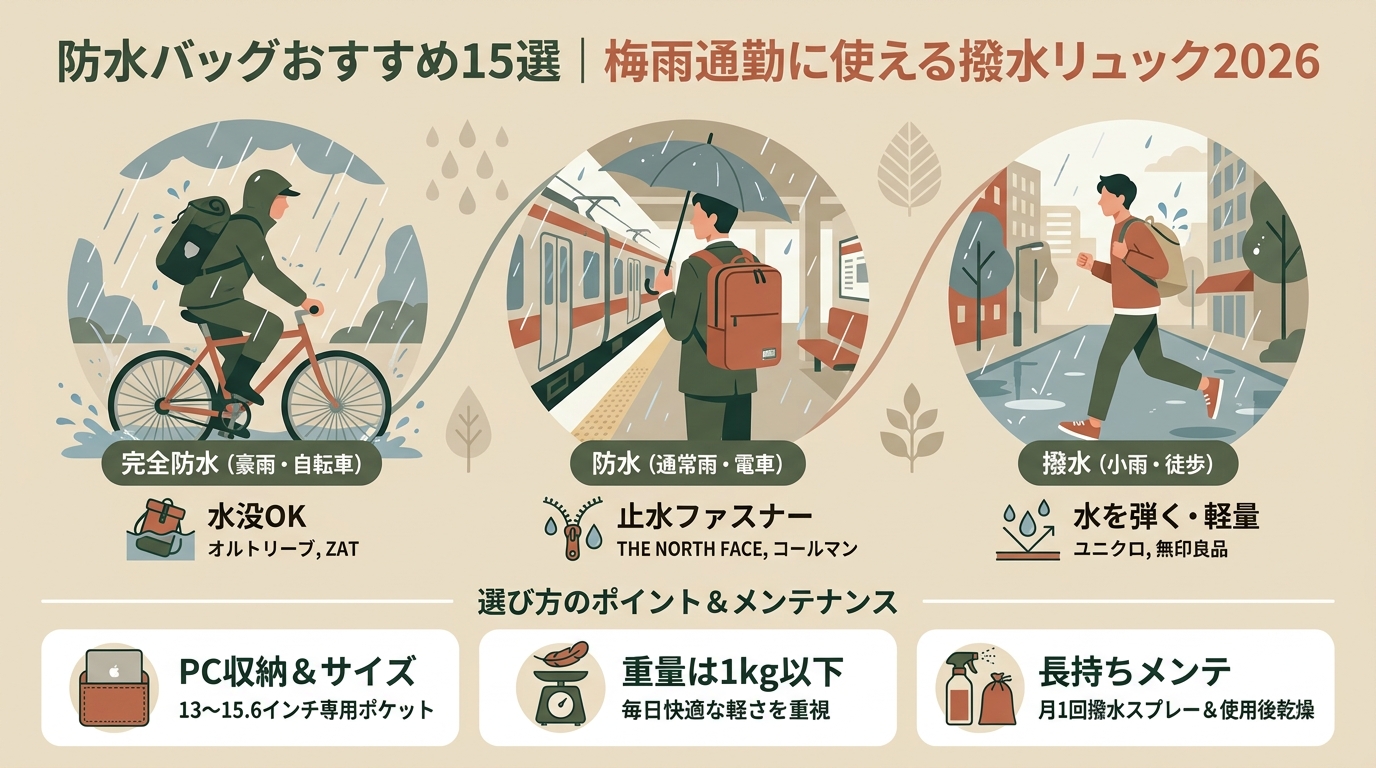 防水バッグおすすめ15選｜梅雨通勤に使える撥水リュック2026 アイキャッチ（PC用）