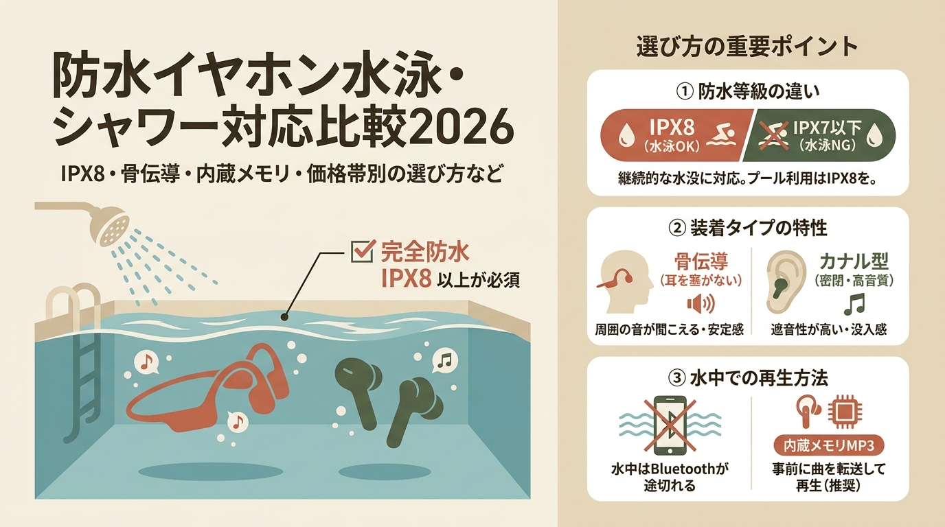 防水イヤホン水泳・シャワー対応比較2026 IPX8・骨伝導・内蔵メモリ・価格帯別の選び方など アイキャッチ（PC用）
