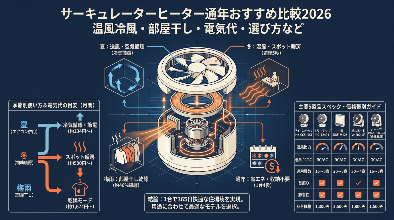 サーキュレーターヒーター通年おすすめ比較2026 温風冷風・部屋干し・電気代・選び方など アイキャッチ（PC用）