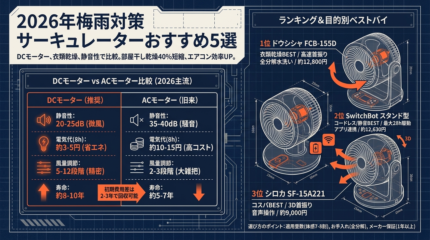 サーキュレーターおすすめ5選2026梅雨 DCモーター・衣類乾燥・静音性で比較 アイキャッチ（PC用）