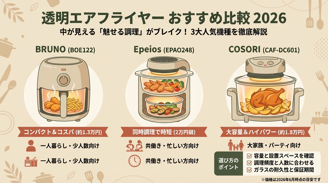 透明エアフライヤーおすすめ比較2026 BRUNO・Epeios・COSORI・価格・選び方など アイキャッチ（PC用）