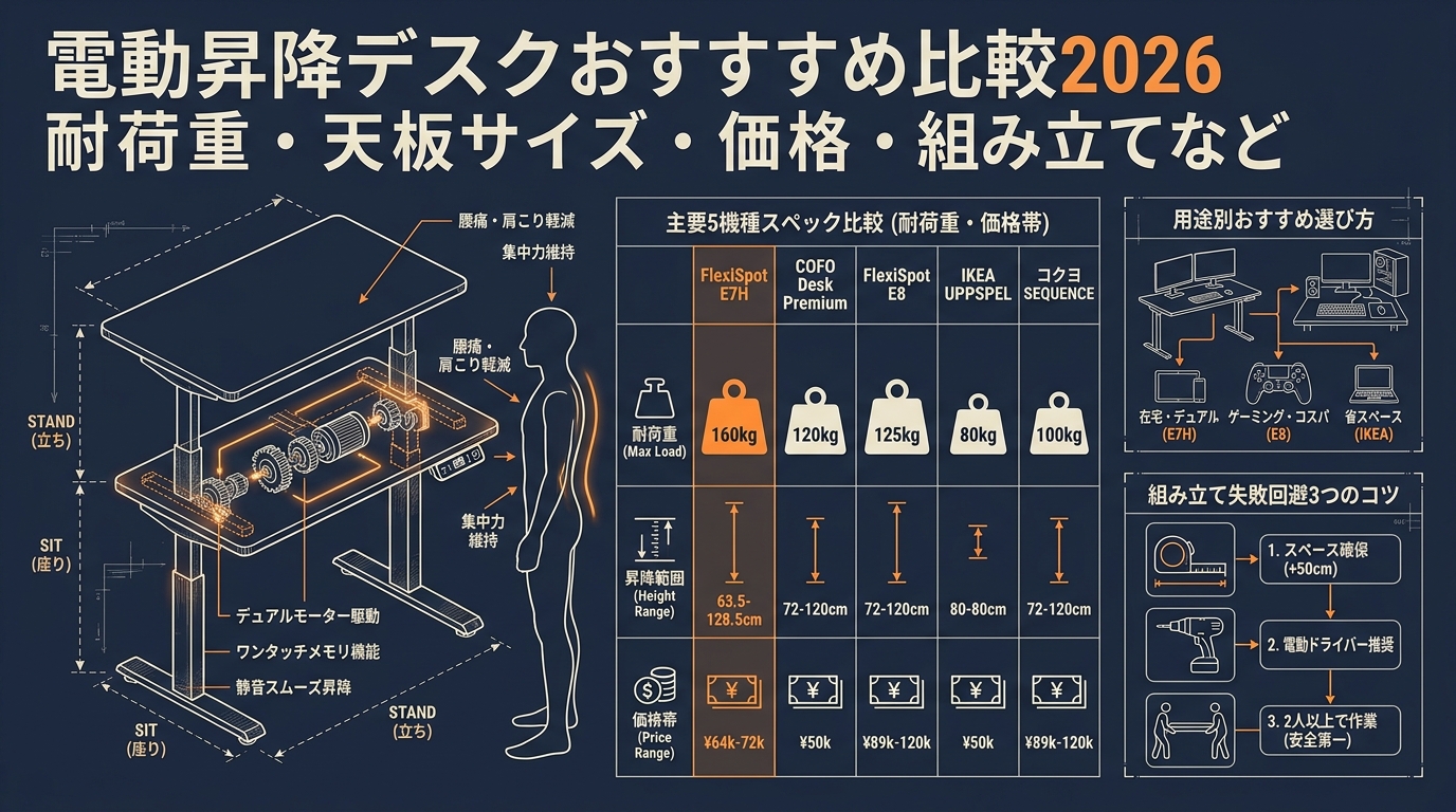 電動昇降デスクおすすめ比較2026 耐荷重・天板サイズ・価格・組み立てなど アイキャッチ（PC用）