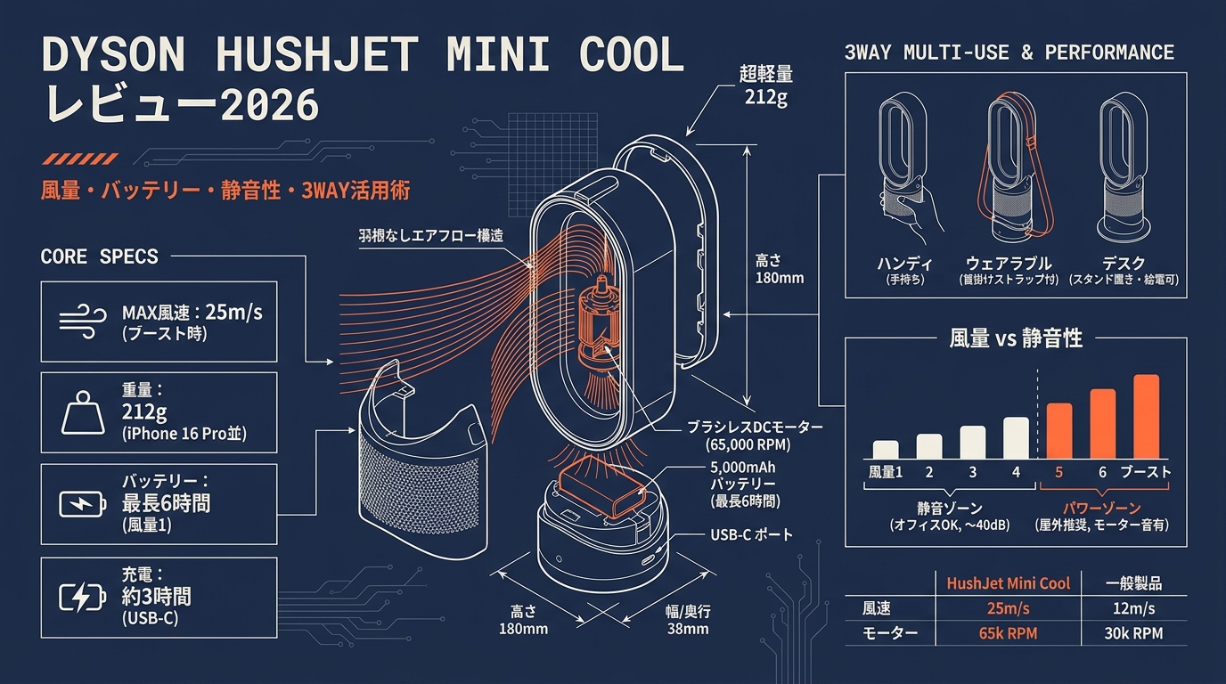 Dyson HushJet Mini Coolレビュー2026 風量・バッテリー・静音性・使い方など アイキャッチ（PC用）