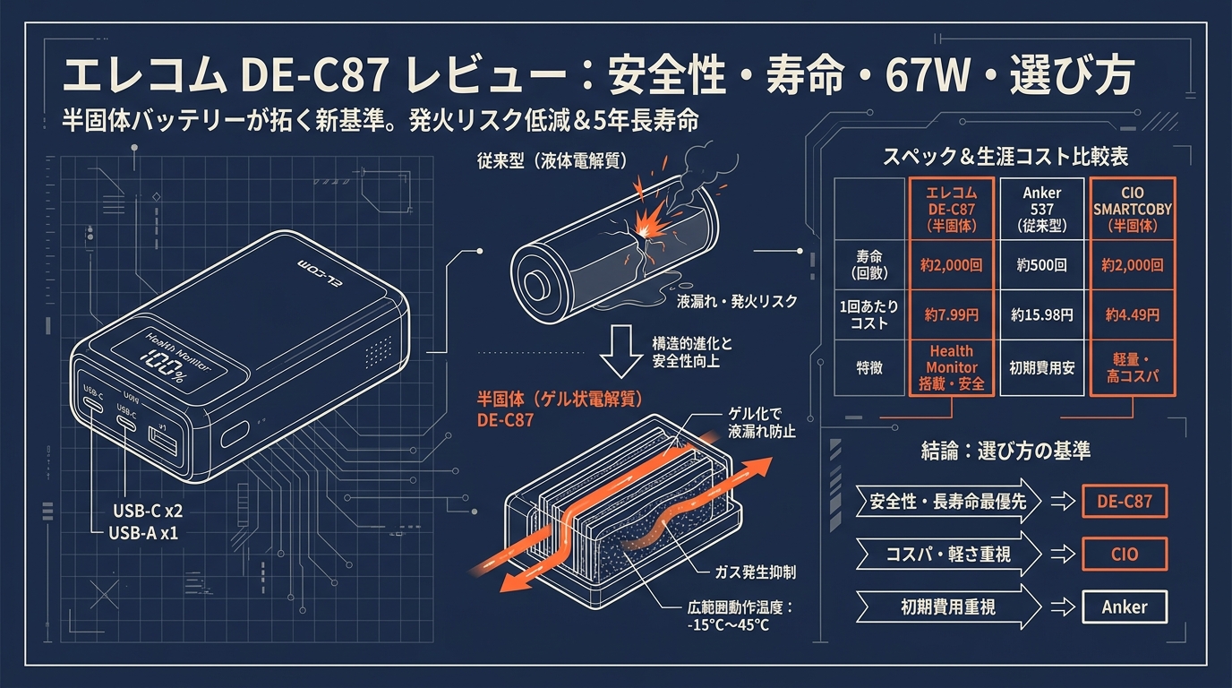 エレコム半固体バッテリーDE-C87レビュー 安全性・寿命・67W・選び方など アイキャッチ（PC用）