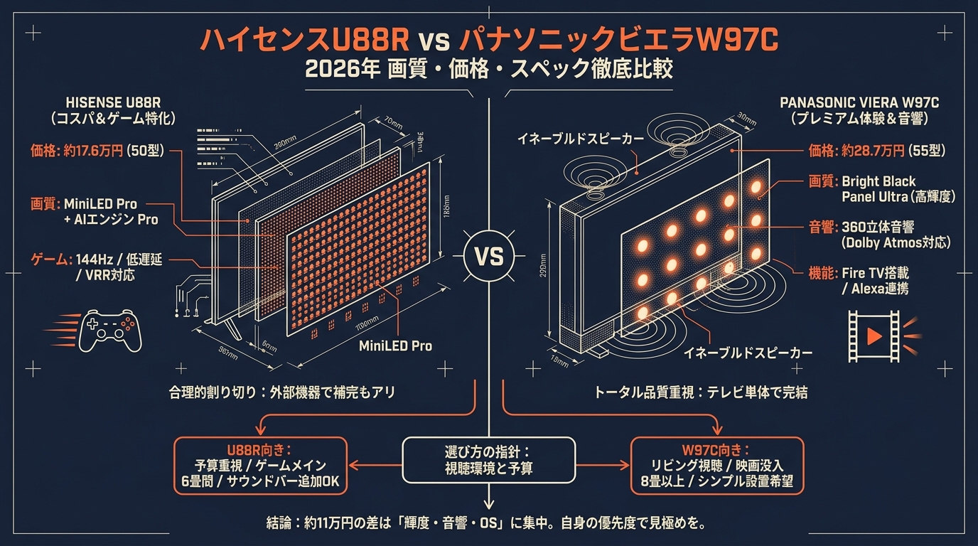 ハイセンスU88R vs パナソニックビエラW97C比較2026 画質・価格・スペック・選び方など アイキャッチ（PC用）