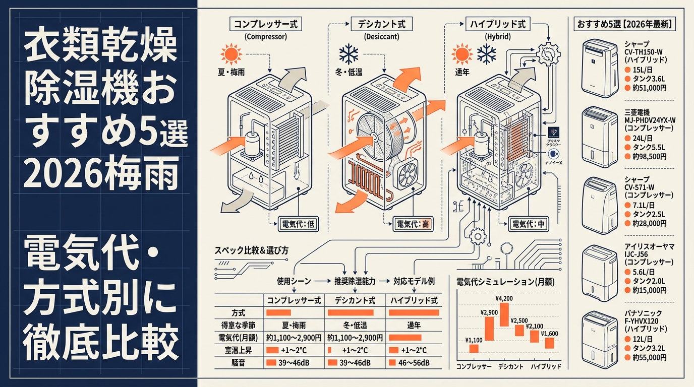 衣類乾燥除湿機おすすめ5選2026梅雨 電気代・方式別に徹底比較 アイキャッチ（PC用）