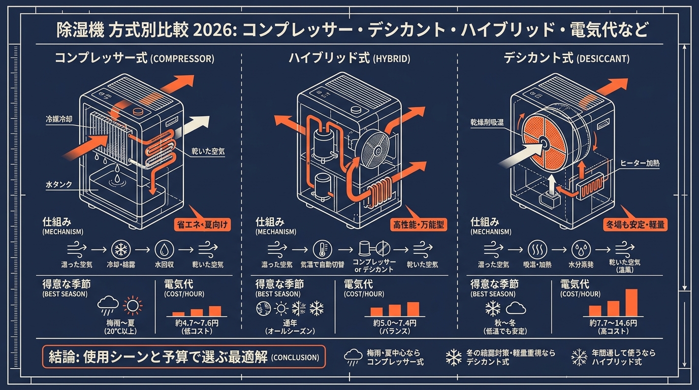 除湿機おすすめ方式別比較2026 コンプレッサー・デシカント・ハイブリッド・電気代など アイキャッチ（PC用）