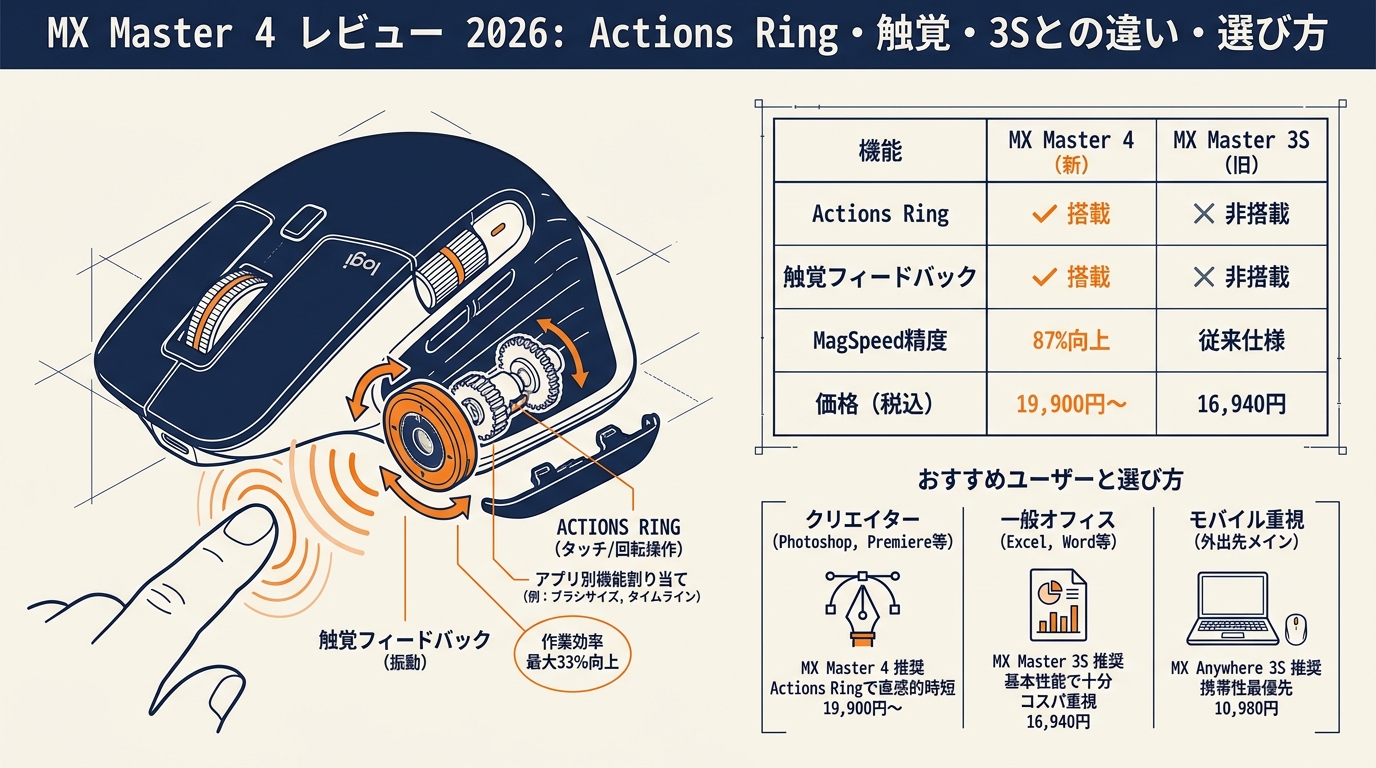 MX Master 4レビュー2026 Actions Ring・触覚・3Sとの違い・選び方など アイキャッチ（PC用）