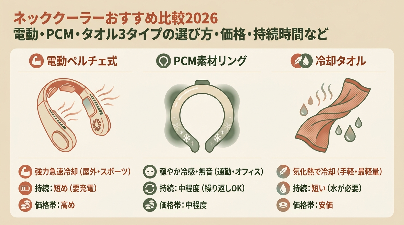 ネッククーラーおすすめ比較2026 電動・PCM・タオル3タイプの選び方・価格・持続時間など アイキャッチ（PC用）