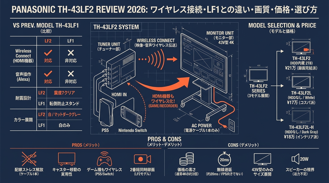 パナソニックTH-43LF2レビュー2026 ワイヤレス接続・LF1との違い・画質・価格・選び方など アイキャッチ（PC用）