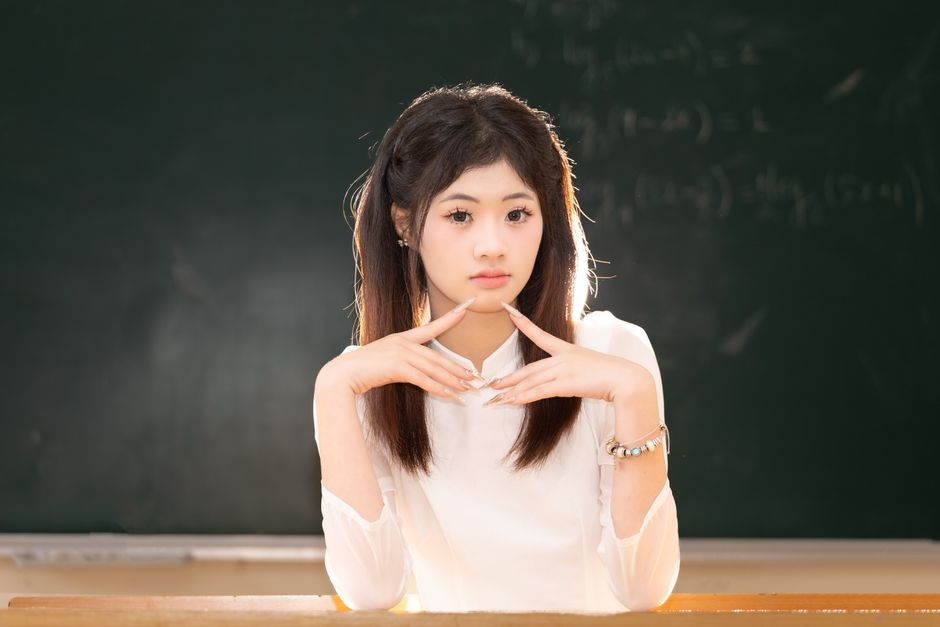 ベトナムのハノイにある、黒板を背景にした教室に座っている若い女性のポートレート。