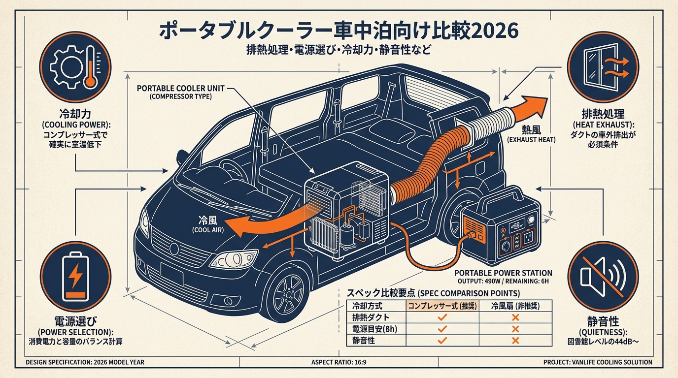 ポータブルクーラー車中泊向け比較2026 排熱処理・電源選び・冷却力・静音性など アイキャッチ（PC用）