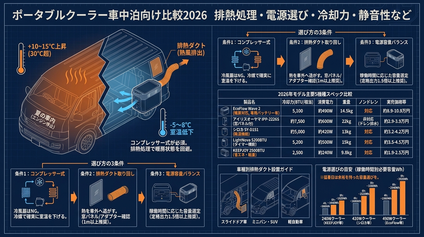 ポータブルクーラー車中泊向け比較2026 排熱処理・電源選び・冷却力・静音性など アイキャッチ（PC用）