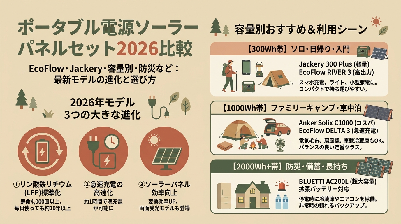 ポータブル電源ソーラーパネルセット2026比較 EcoFlow・Jackery・容量別・防災など アイキャッチ（PC用）