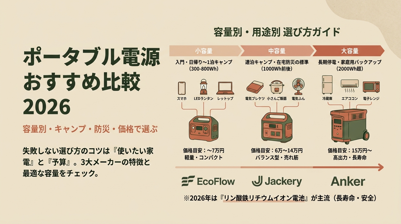 ポータブル電源おすすめ比較2026 容量別・キャンプ・防災・価格など アイキャッチ（PC用）