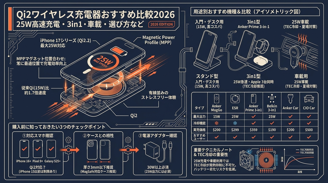 Qi2ワイヤレス充電器おすすめ比較2026 25W高速充電・3in1・車載・価格帯別の選び方など アイキャッチ（PC用）