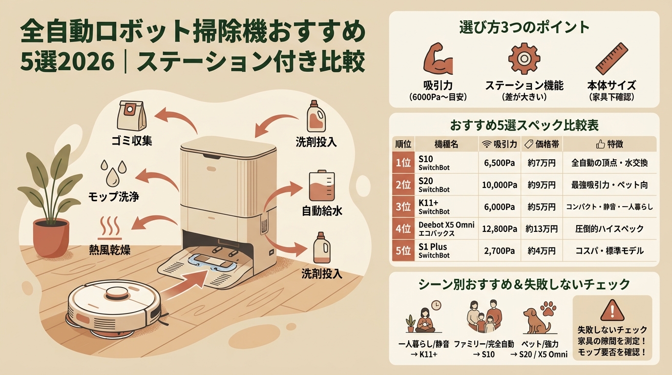 全自動ロボット掃除機おすすめ5選2026｜ステーション付き比較 アイキャッチ（PC用）