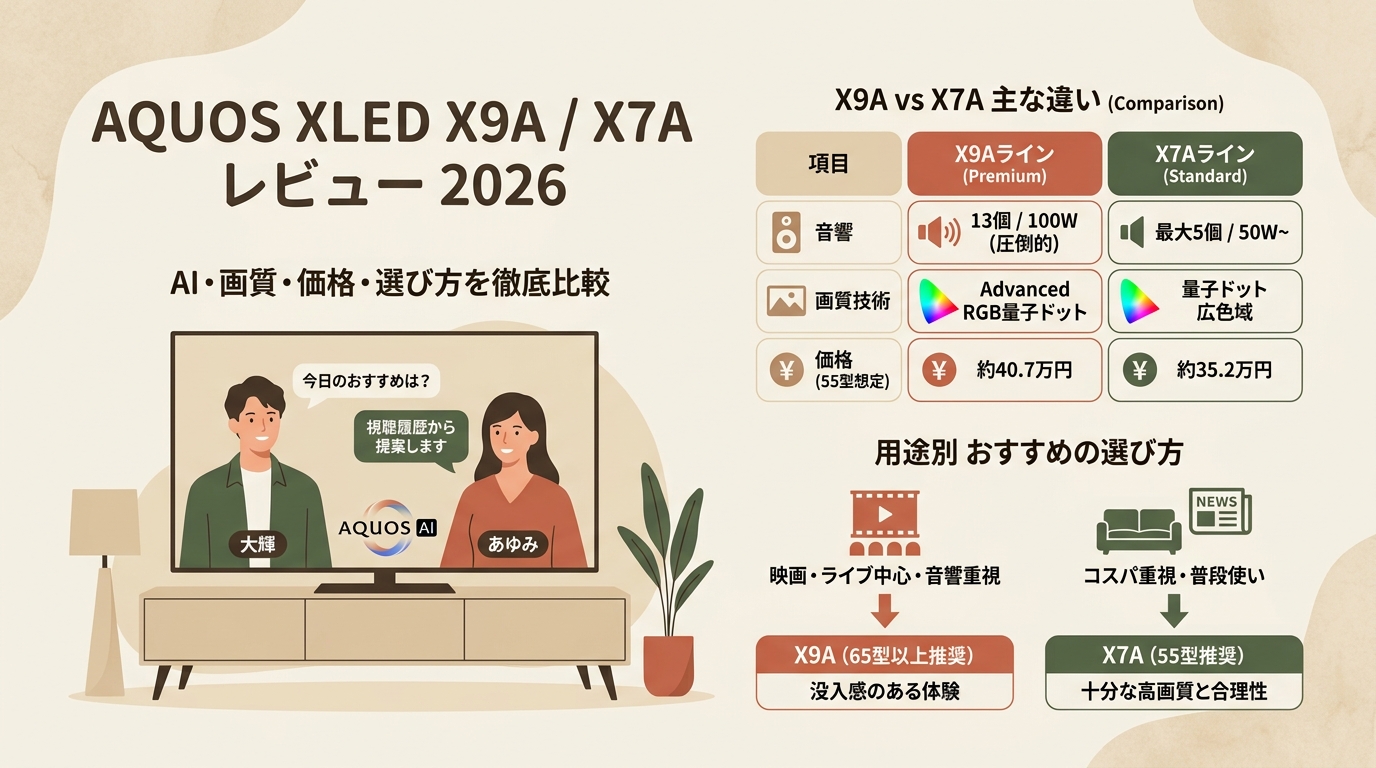 AQUOS XLED X9A X7Aレビュー2026 AQUOS AI・画質・価格・選び方など アイキャッチ（PC用）