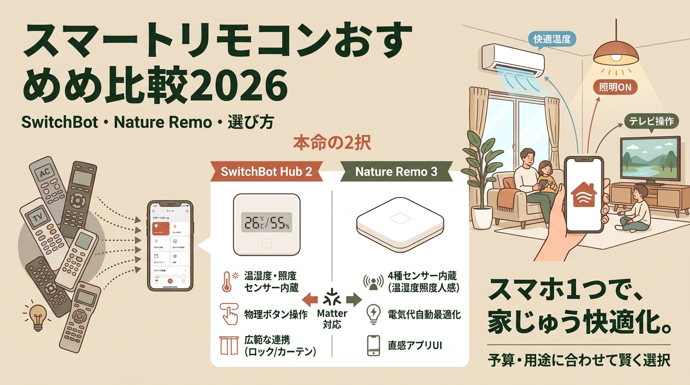 スマートリモコンおすすめ比較2026 SwitchBot・Nature Remo・選び方など アイキャッチ（PC用）