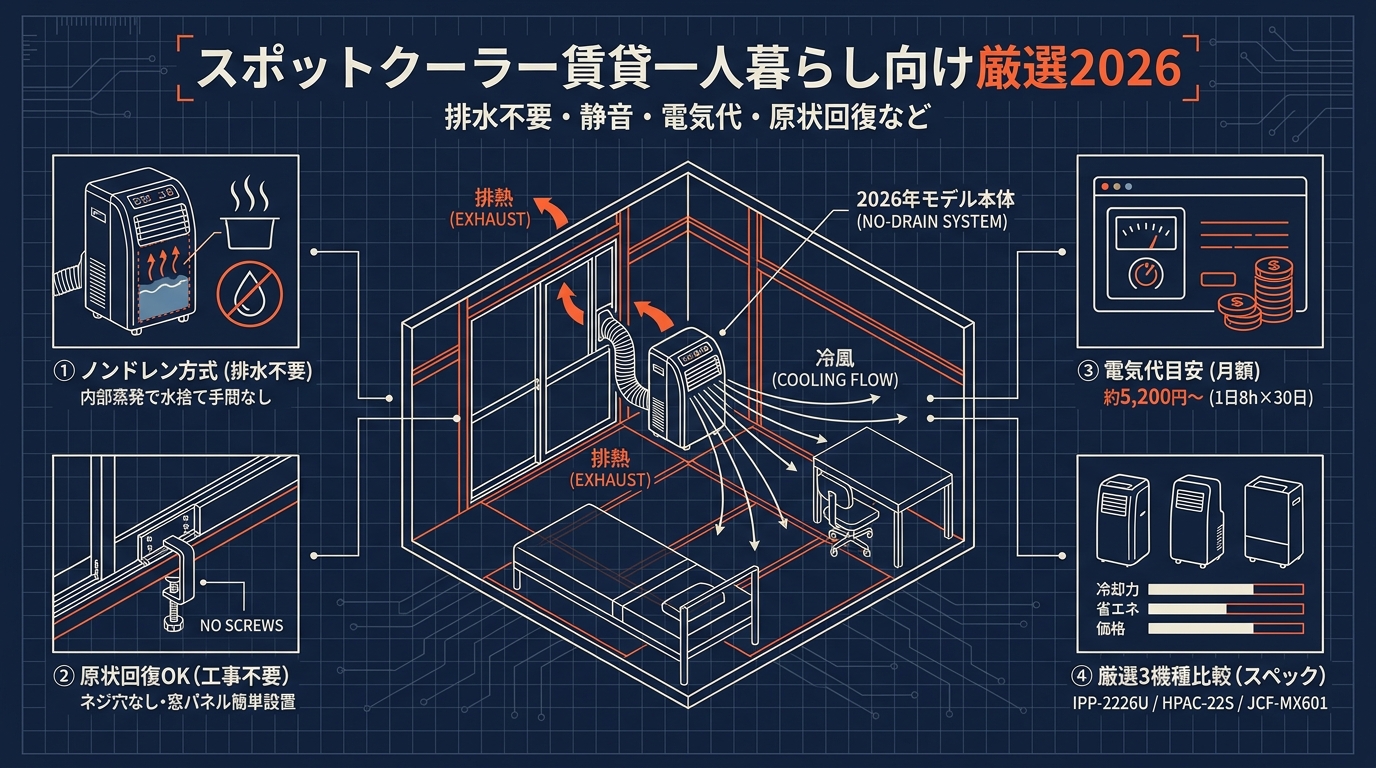 スポットクーラー賃貸一人暮らし向け厳選2026 排水不要・静音・電気代・原状回復など アイキャッチ（PC用）