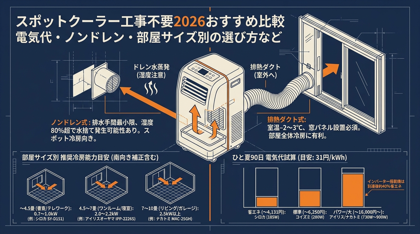 スポットクーラー工事不要2026おすすめ比較 電気代・ノンドレン・部屋サイズ別の選び方など アイキャッチ（PC用）