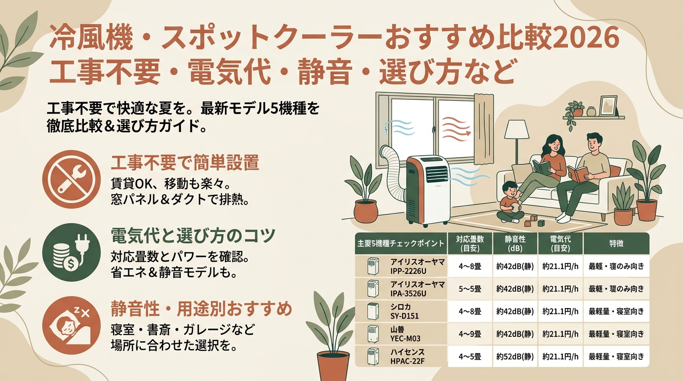 冷風機・スポットクーラーおすすめ比較2026 工事不要・電気代・静音・選び方など アイキャッチ（PC用）