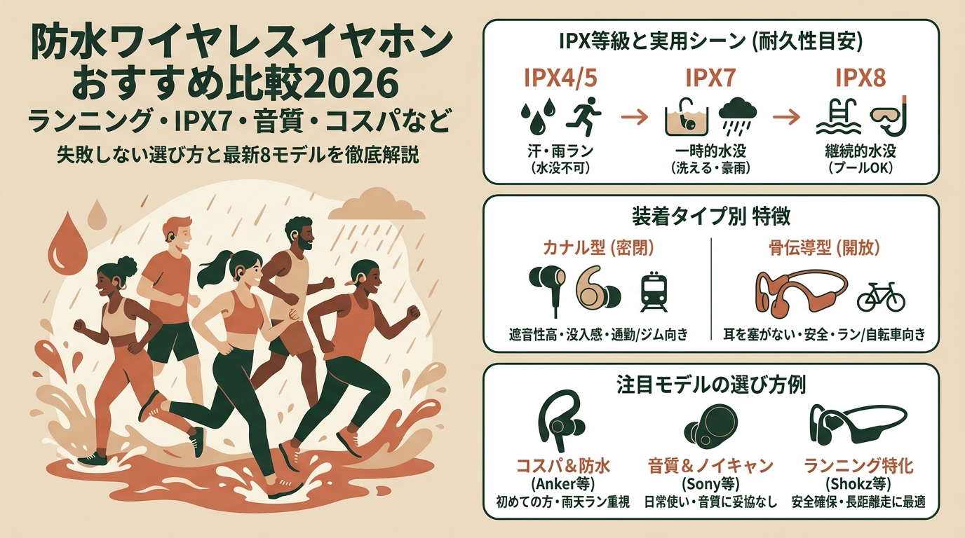 防水ワイヤレスイヤホンおすすめ比較2026 ランニング・IPX7・音質・コスパなど アイキャッチ（PC用）